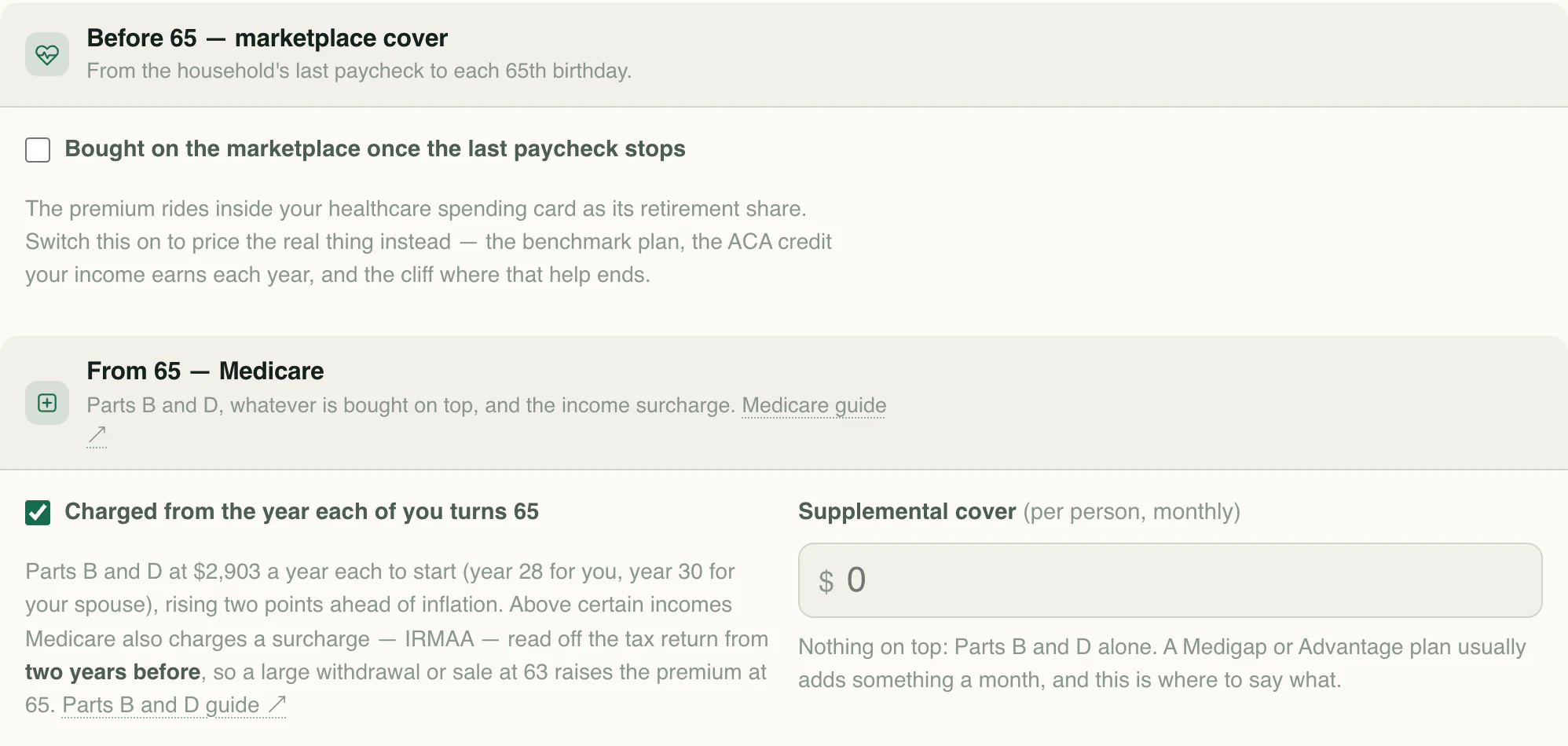 Marketplace and Medicare settings with retirement timing and supplemental coverage assumptions.