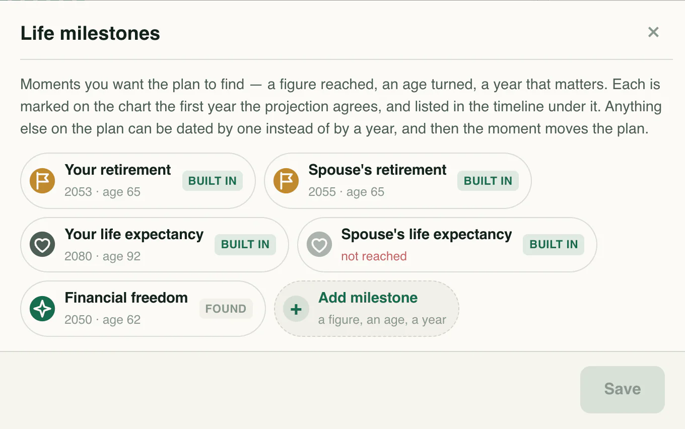 Milestone settings showing separate retirement dates, life expectancy, and financial freedom.